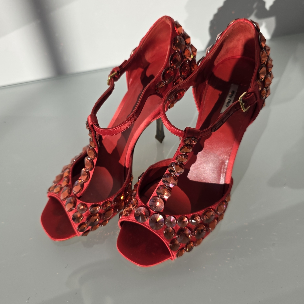 Miu Miu T-Strap Red Crystal Embellished Heels